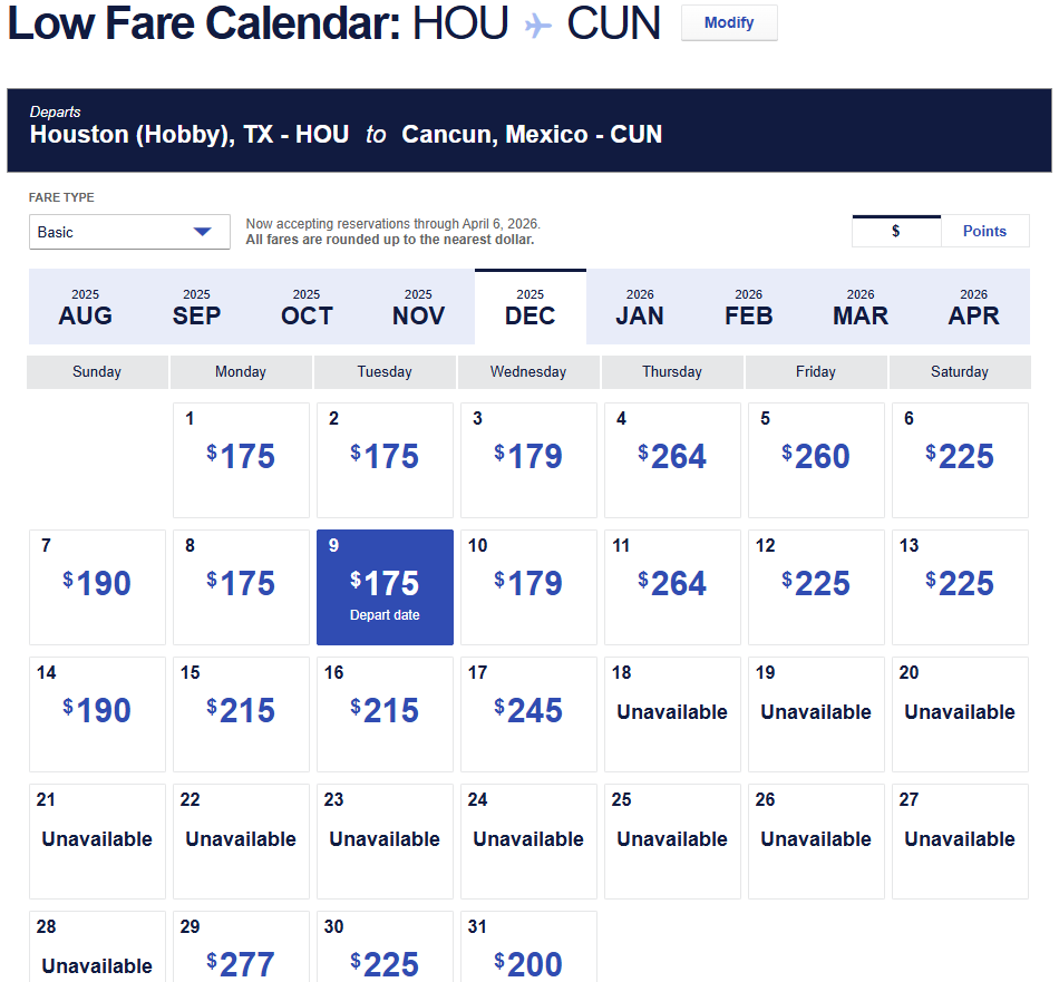 Southwest Airlines low fare calendar showing cheapest flights from Houston Hobby to Cancun in November 2025