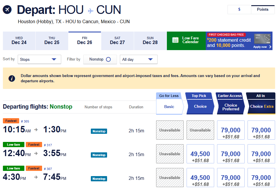 Houston Hobby to Cancun nonstop flights award prices December 26, 2025 with mileage options