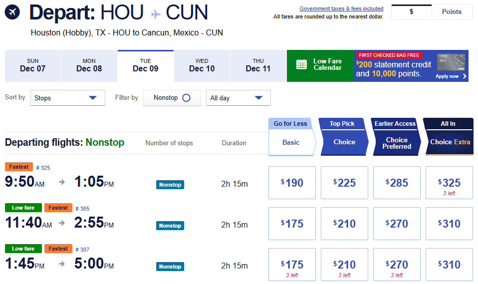 Houston Hobby to Cancun nonstop flights fare calendar for December 2025 showing lowest ticket prices.