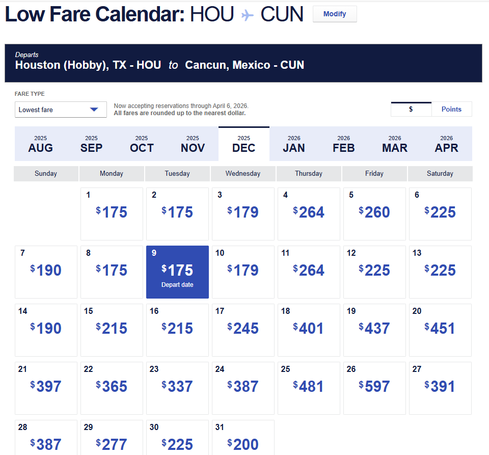 Southwest Airlines low fare calendar showing cheapest flights from Houston Hobby to Cancun in November 2025 with fares starting at $175