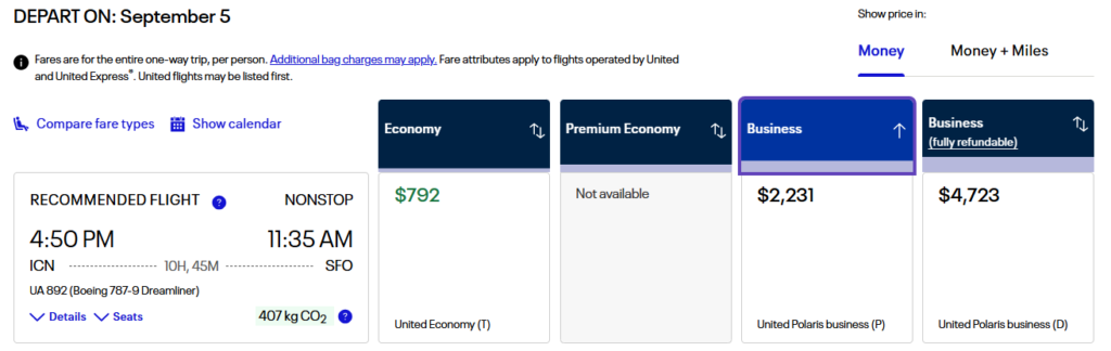 United Airlines fare options from Incheon to San Francisco on September 5, 2025, showing economy at $792, business class at $2,231, and fully refundable business at $4,723.