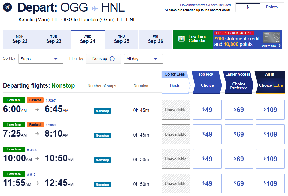 Low fare calendar for flights from Kahului OGG to Honolulu HNL in September 2025 showing nonstop options and cheapest ticket prices