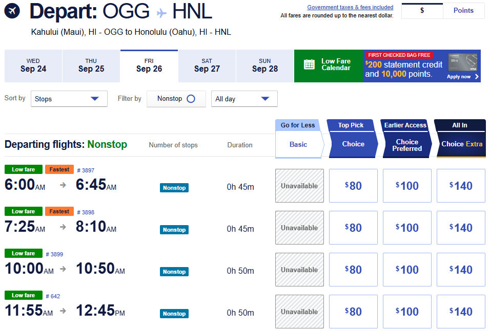 September 2025 flight prices from Kahului OGG to Honolulu HNL showing nonstop fares starting at $80