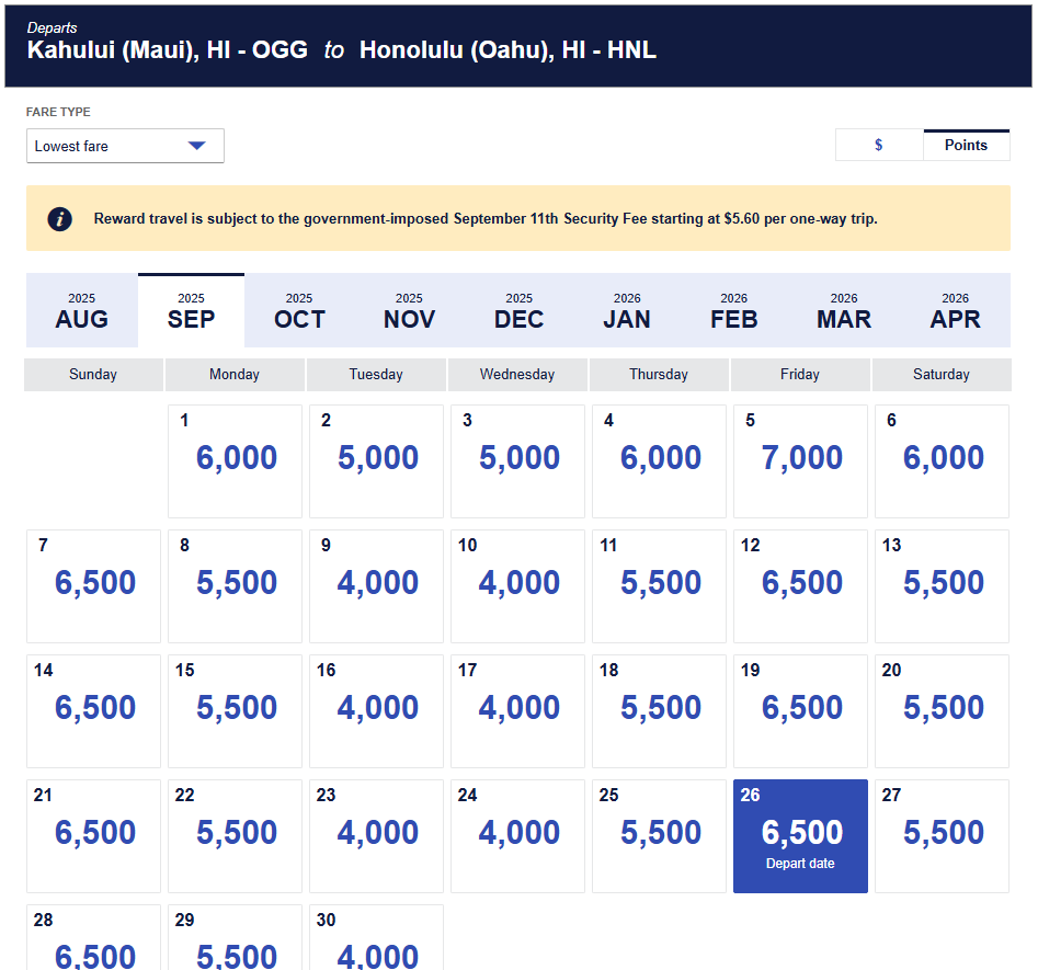 Award fare calendar for flights from Kahului (OGG) to Honolulu (HNL) in September 2025 showing lowest fares from 4,000 to 7,000 points plus fees.