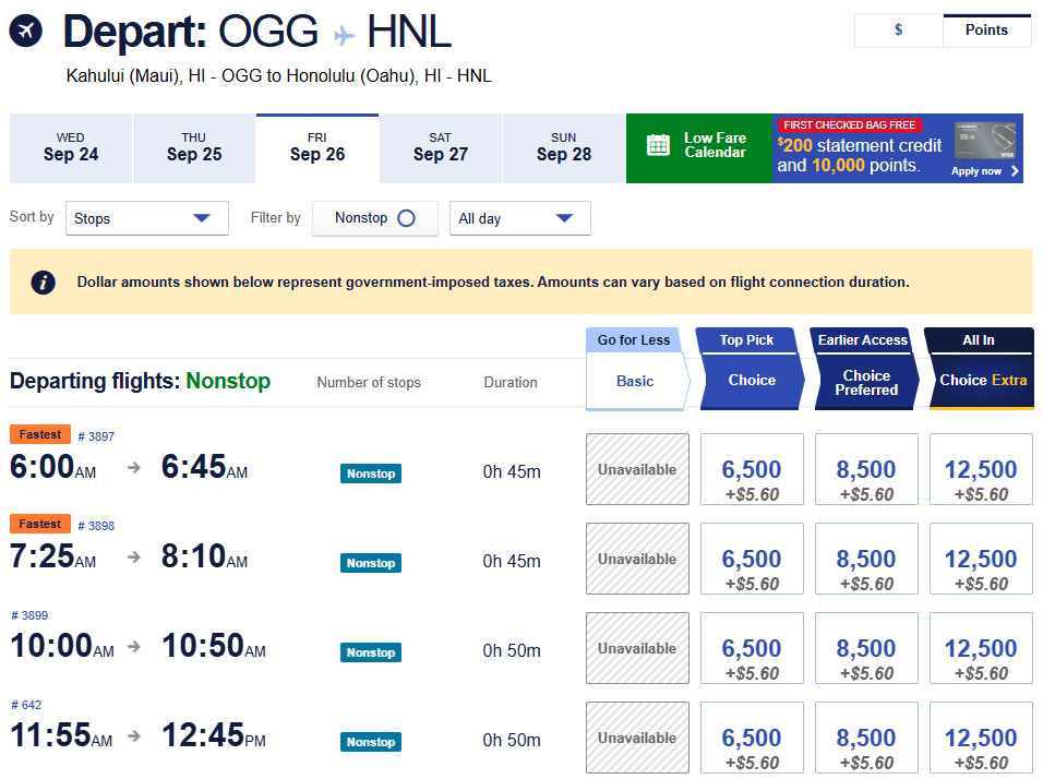 Southwest Airlines Low Fare Calendar showing reward flights from Kahului OGG to Honolulu HNL in September 2025 with fares starting at 4,000 points.
