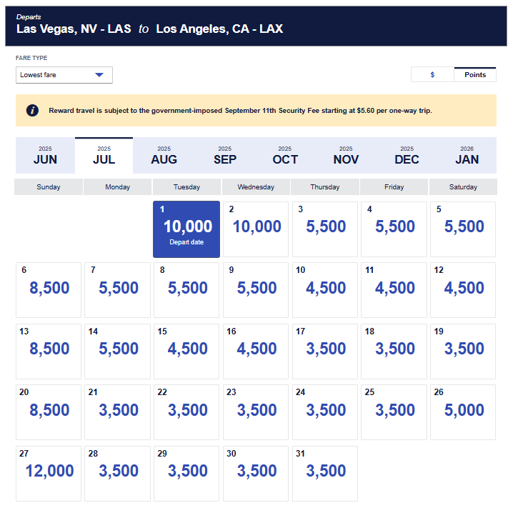 Low fare calendar showing July 2025 flights from Las Vegas to Los Angeles starting at 3,500 points