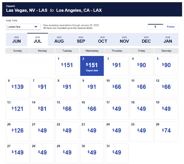 Low fare calendar showing cheapest flight prices from Las Vegas to Los Angeles in July 2025 with fares starting at $49.