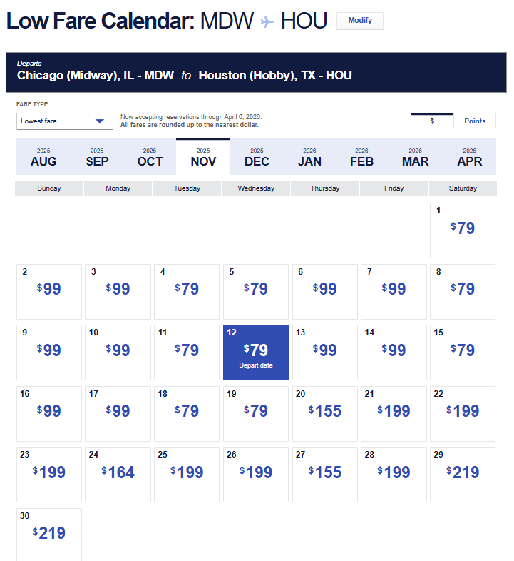 Low fare calendar showing November 2025 flight prices from Chicago Midway (MDW) to Houston Hobby (HOU) with fares starting at $79.
