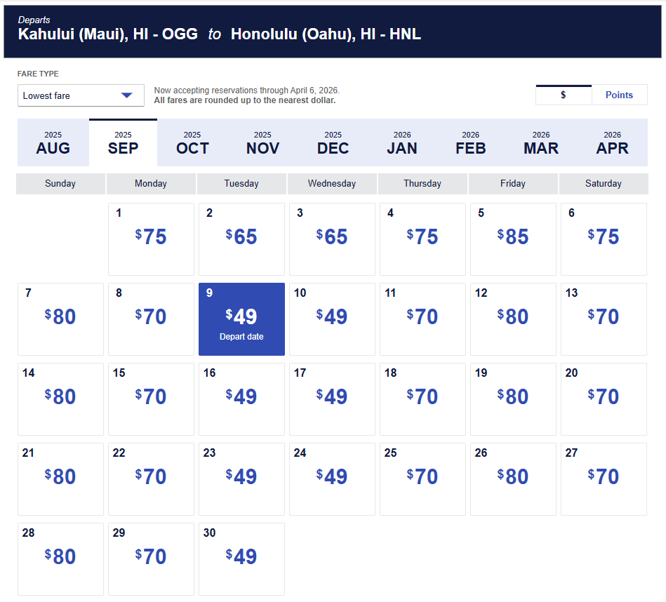 Low fare calendar for flights from Kahului (OGG) to Honolulu (HNL) in September 2025 showing fares as low as $49.