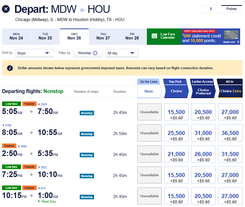 Award flight prices from Chicago Midway to Houston Hobby on November 26, 2025 showing mileage options in economy and business