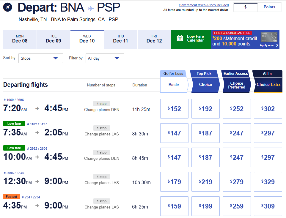 Nashville BNA to Palm Springs PSP flight prices December 10 2025 with stopover options