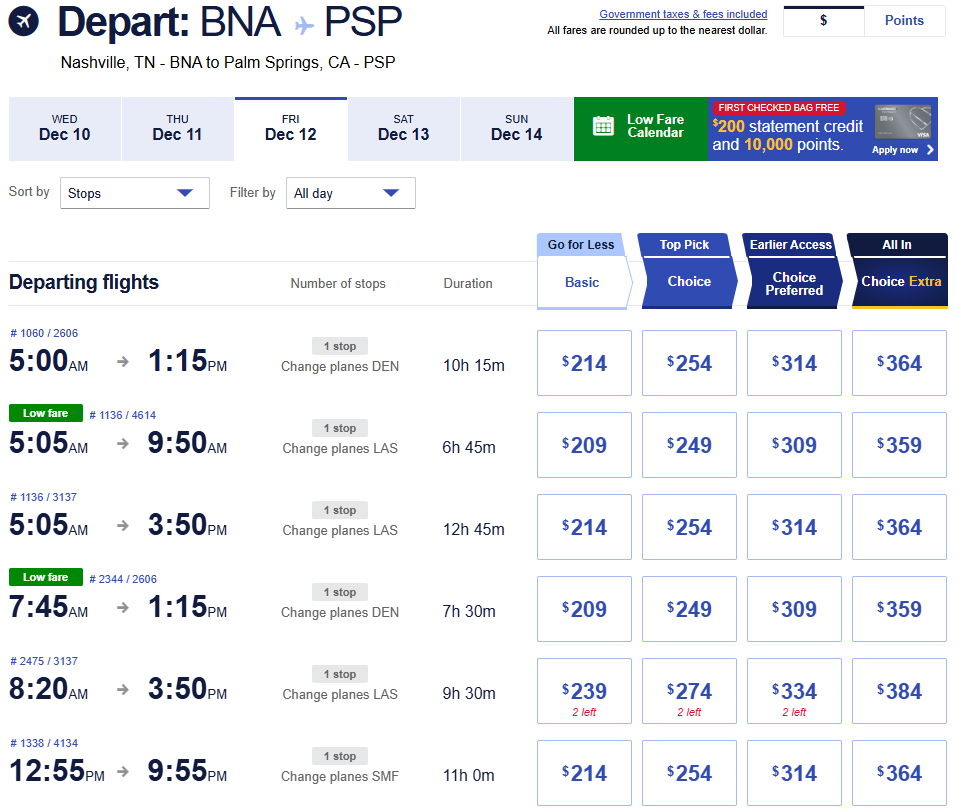 Flight options and fares from Nashville (BNA) to Palm Springs (PSP) on December 12, 2025 with multiple one-stop connections