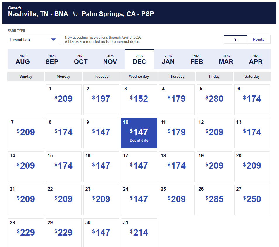 Low fare calendar for flights from Nashville BNA to Palm Springs PSP in December 2025 showing lowest ticket prices by date.