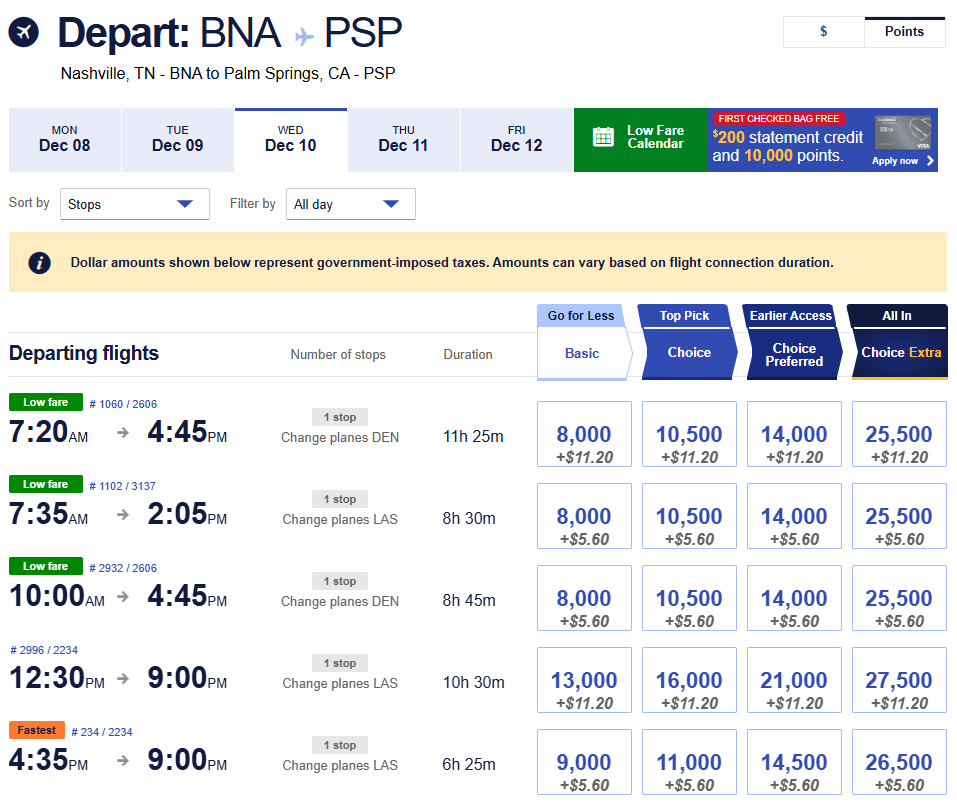United Airlines award flight options from Nashville (BNA) to Palm Springs (PSP) on December 10, 2025, showing mileage prices and stopover details.