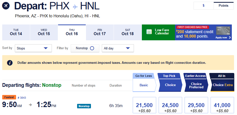 Flight price chart for nonstop route from Phoenix to Honolulu on October 16, 2025, showing fare options and miles redemption.