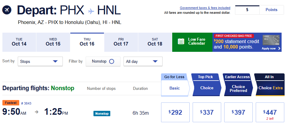 Flight options and fares from Phoenix to Honolulu on October 16, 2025, showing nonstop flight duration and ticket prices.