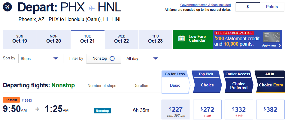Flight options from Phoenix to Honolulu on October 21, 2025, showing nonstop fare prices across Basic, Choice, Choice Preferred, and Choice Extra categories.