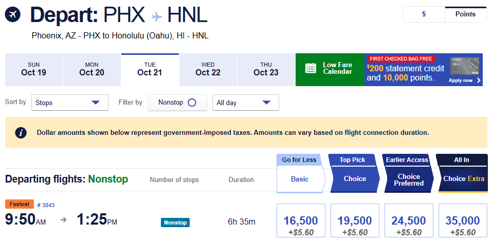 Nonstop flight from Phoenix to Honolulu on October 21, 2025 with fare and mileage redemption options.