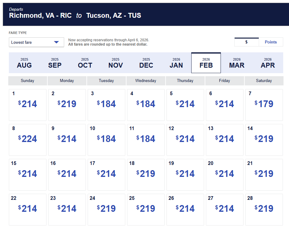Richmond to Tucson February 2026 calendar showing lowest fares by date.