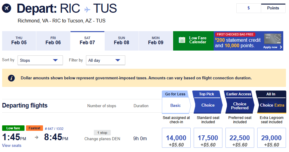 Richmond to Tucson flight award chart for February 2026 showing fare options in miles and fees