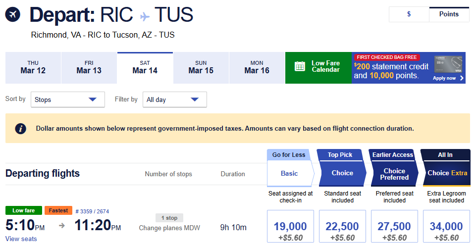 Flight award chart from Richmond RIC to Tucson TUS on March 14 2026 showing nonstop option with miles and fees