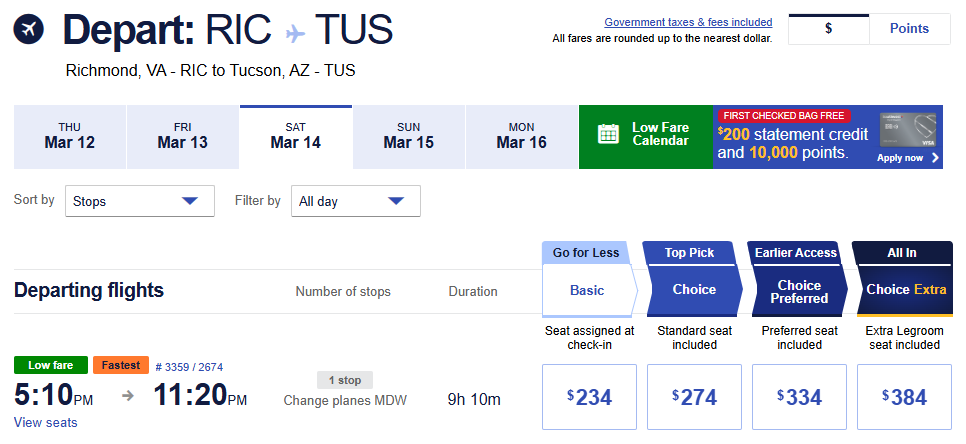 Richmond VA to Tucson AZ flight options on March 14, 2026 showing fares and seating choices
