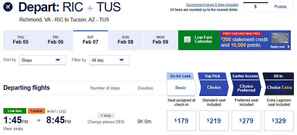 Flight options from Richmond (RIC) to Tucson (TUS) on February 7, 2026, showing fares and seat choices.