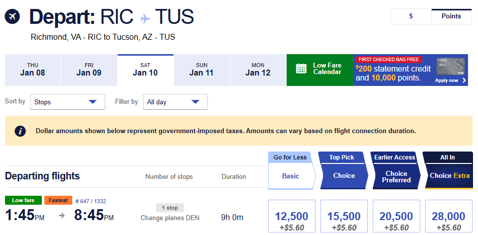 Richmond to Tucson January 2026 award flight chart showing fares and miles