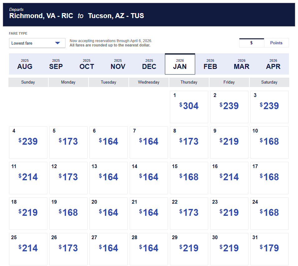 Richmond to Tucson January 2026 low fare calendar showing lowest ticket prices by date