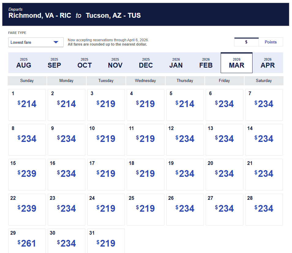 Richmond to Tucson March 2026 low fare calendar showing daily flight prices