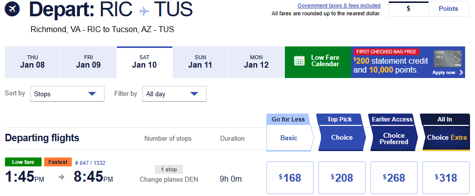Richmond to Tucson flight options on January 10, 2026 showing $168 basic fare with one stop in Denver.