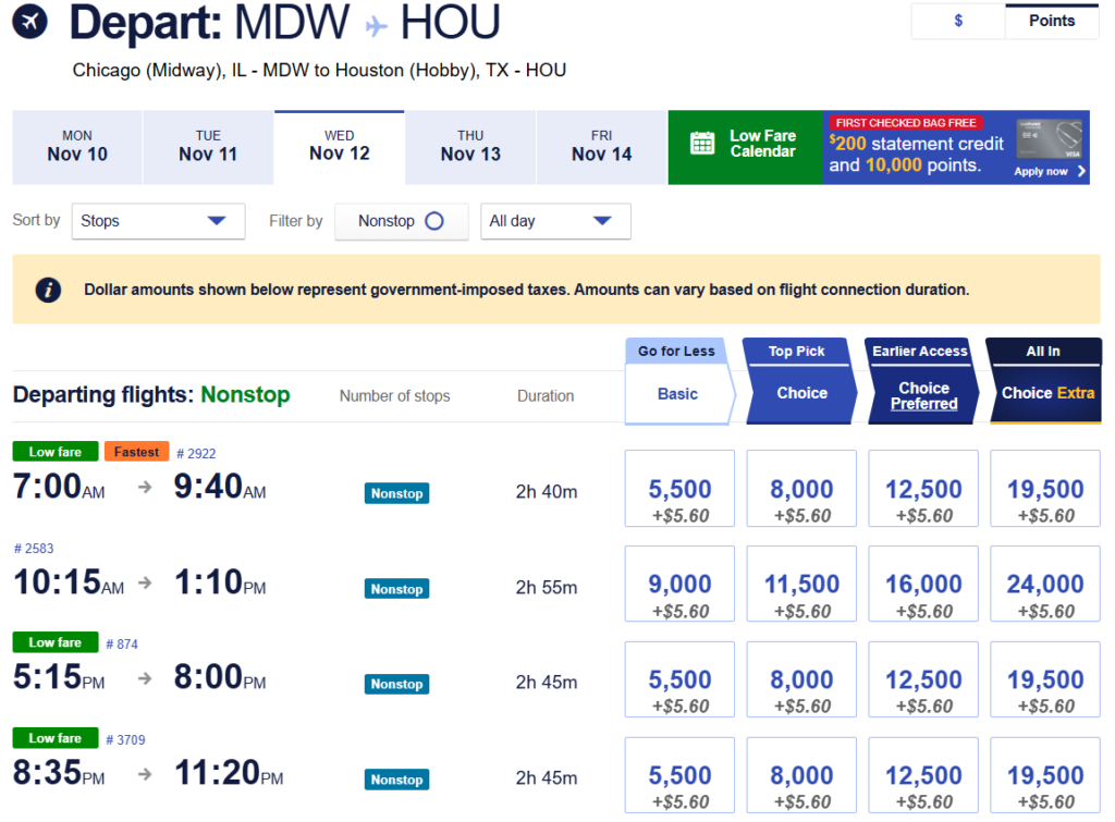 Southwest Airlines award flight options from Chicago Midway to Houston Hobby on November 12, 2025 showing low-fare points pricing and nonstop flights