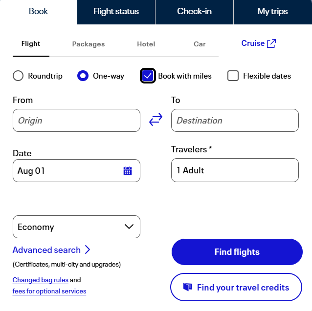United Airlines booking page showing flight search with miles option selected