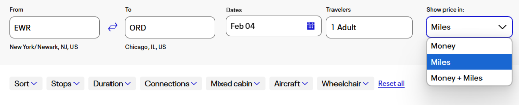 United Airlines flight search results showing EWR to ORD route priced in miles