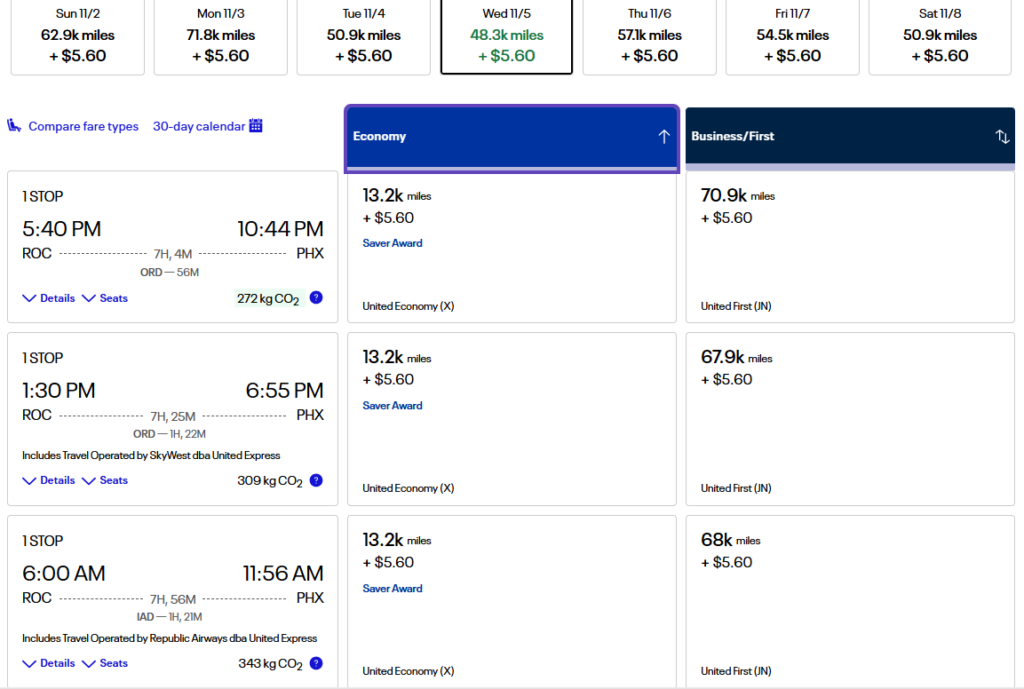 United Airlines award flight options from Rochester to Phoenix showing economy and business class mileage rates