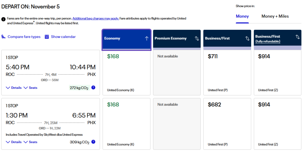 United Airlines flight options from Rochester to Phoenix on November 5 showing economy fares starting at $168 and business/first class from $682 to $914.