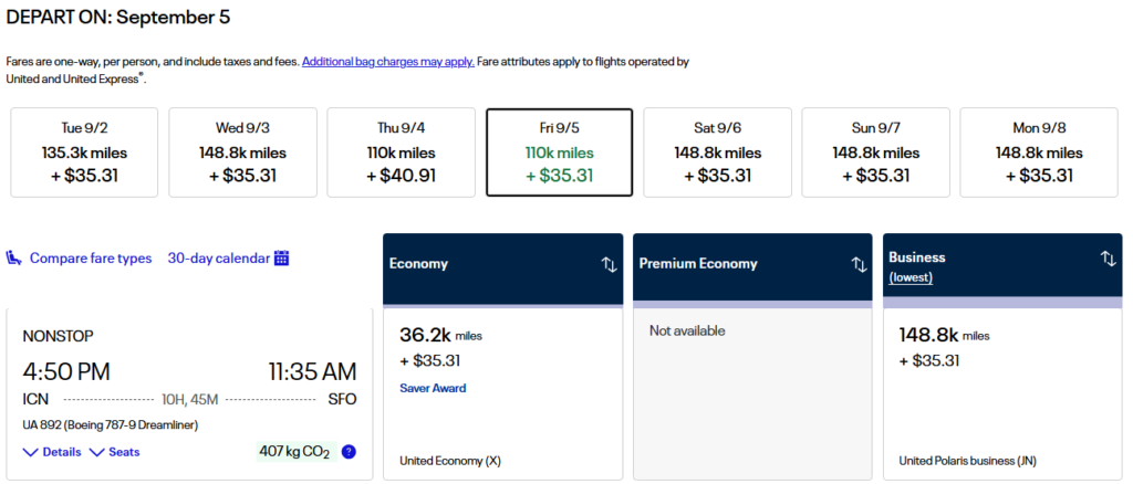 United Airlines nonstop flight from Seoul to San Francisco showing business class redemption at 148.8k miles and economy at 36.2k miles.