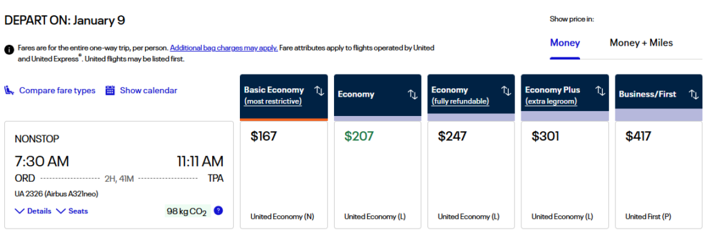 United Airlines flight options from Chicago to Tampa showing economy, economy plus, and business class fares for January 2026.