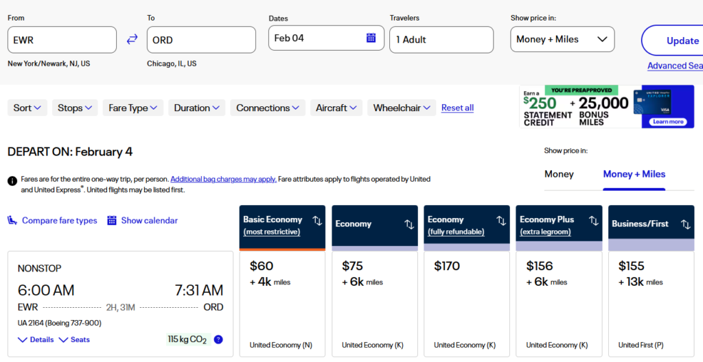 United Airlines EWR to ORD flight options on February 4 with money and miles fares