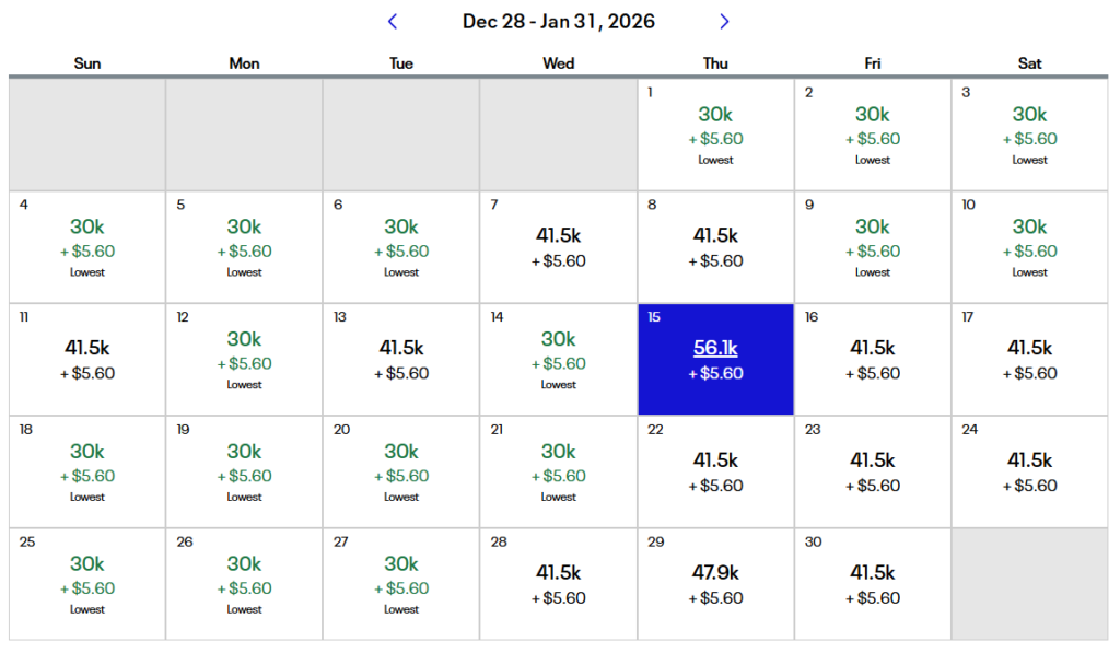 United Airlines MileagePlus award calendar showing December 2025 to January 2026 flight redemption rates in miles.