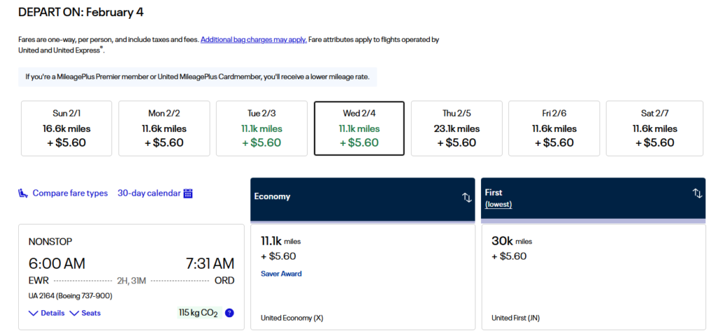 United Airlines MileagePlus award flight search showing economy saver award from Newark to Chicago for 11,100 miles plus $5.60 in February 2026