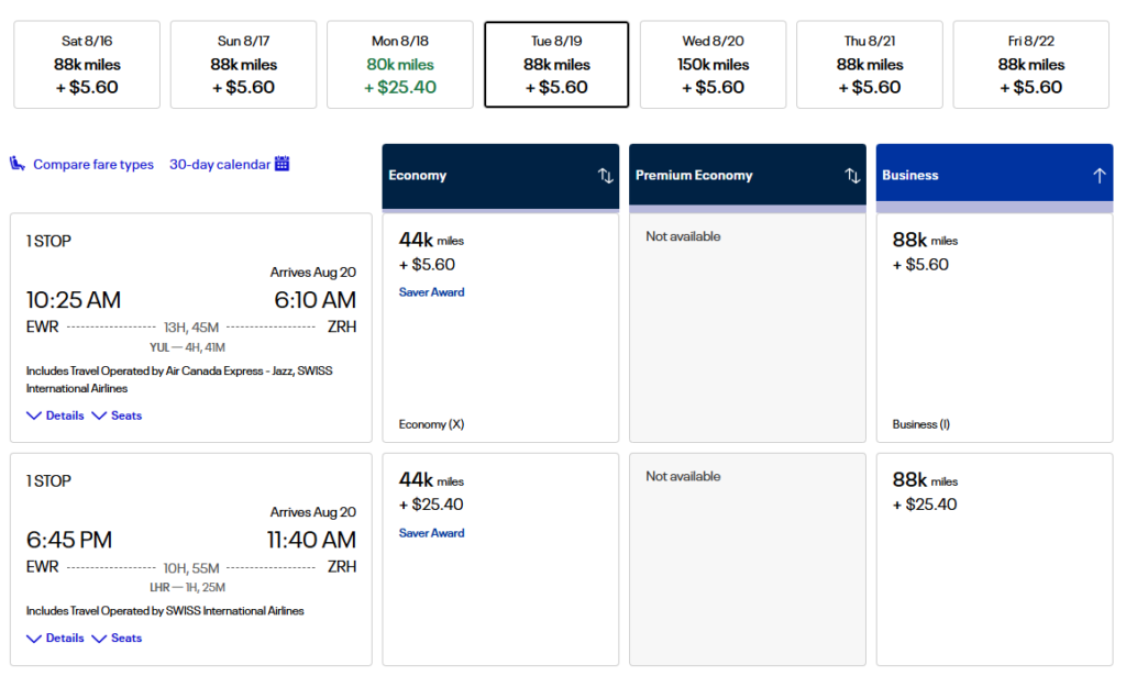United MileagePlus award flight options from Newark to Zurich showing economy and business class redemption rates in miles