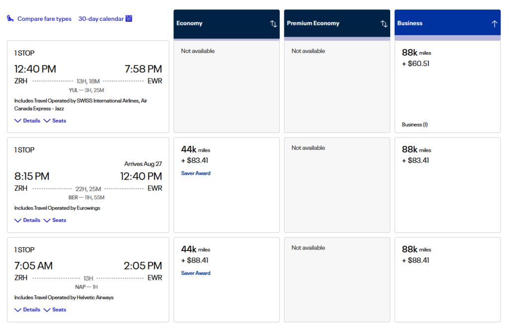 United Airlines award flight options from Zurich to Newark in August 2026 showing economy and business class mileage rates