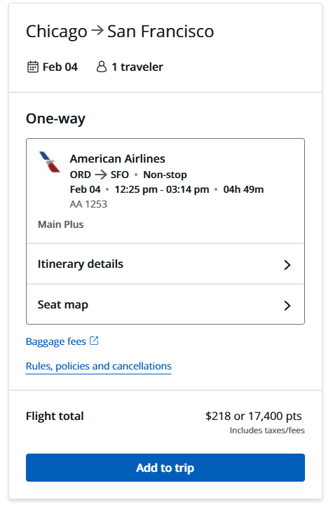 American Airlines nonstop Main Plus fare from Chicago ORD to San Francisco SFO on February 4 with total price of $218 or 17,400 points shown on booking screen.