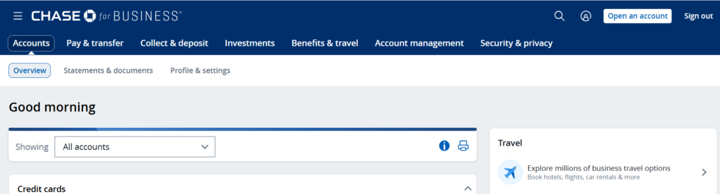 Chase for Business online dashboard showing accounts overview with navigation menu for payments, deposits, investments, and travel options.