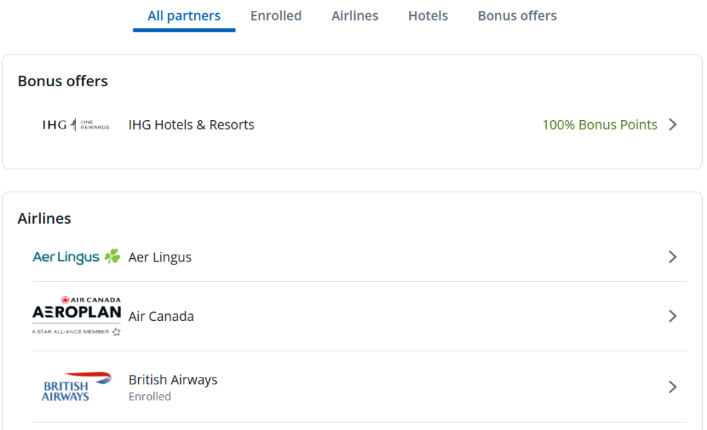 Chase Ultimate Rewards transfer partners page showing airlines such as Aer Lingus, Air Canada, and British Airways.