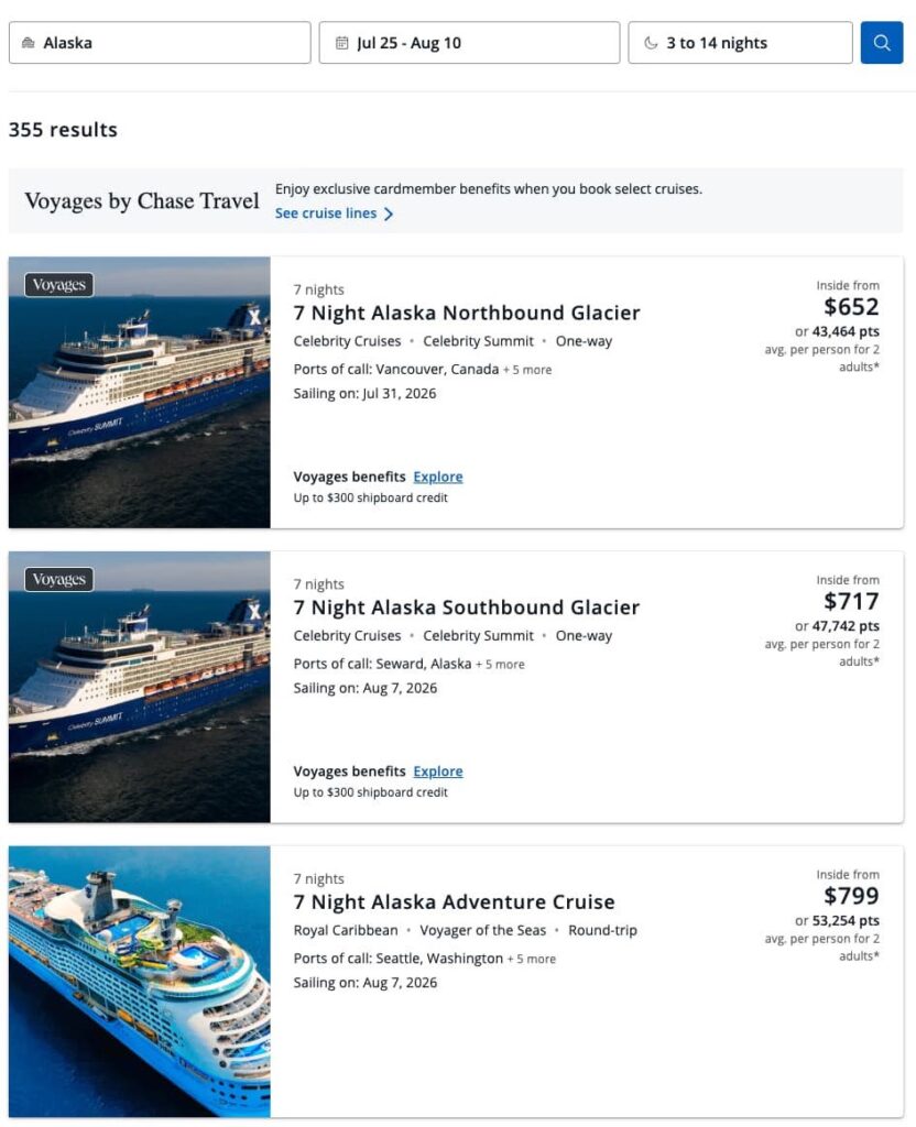 Chase Travel search results showing Alaska cruise options including Celebrity Summit and Royal Caribbean voyages with prices and point redemption rates.