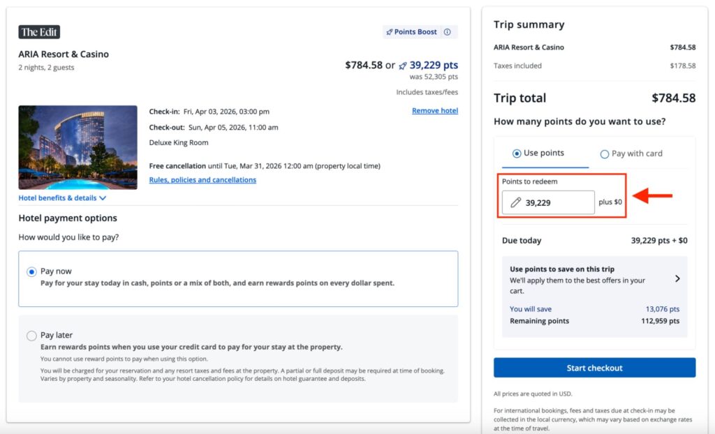 Chase Travel booking page for ARIA Resort and Casino showing hotel details, trip summary, and option to redeem 39,229 points for a stay.