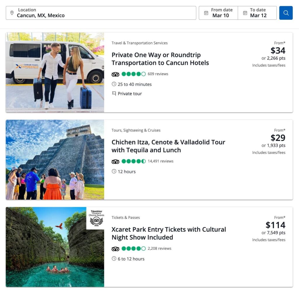 Chase Travel search results showing Cancun tours and activities including Chichen Itza, Xcaret Park, and private hotel transportation with prices and point options.