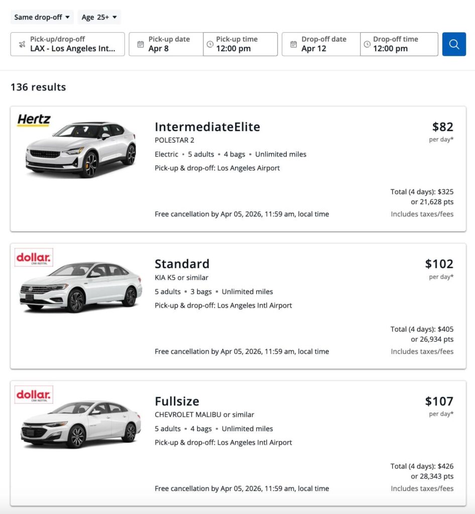Chase Travel car rental listings for Los Angeles Airport showing Hertz and Dollar car options with daily rates and points prices.